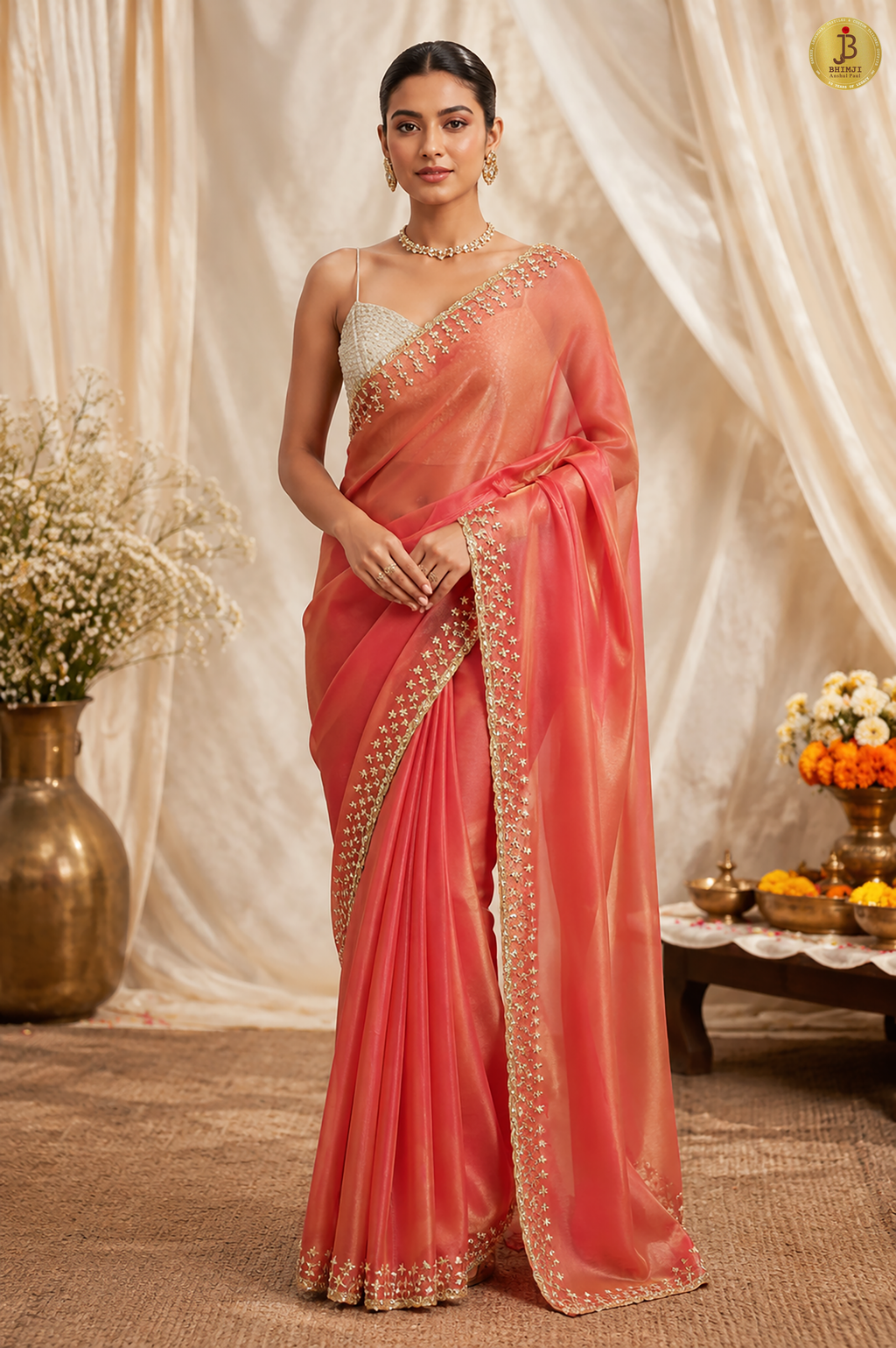 Rosé Noor Hand-Embellished Coral Tissue Saree with Gold Zari Work