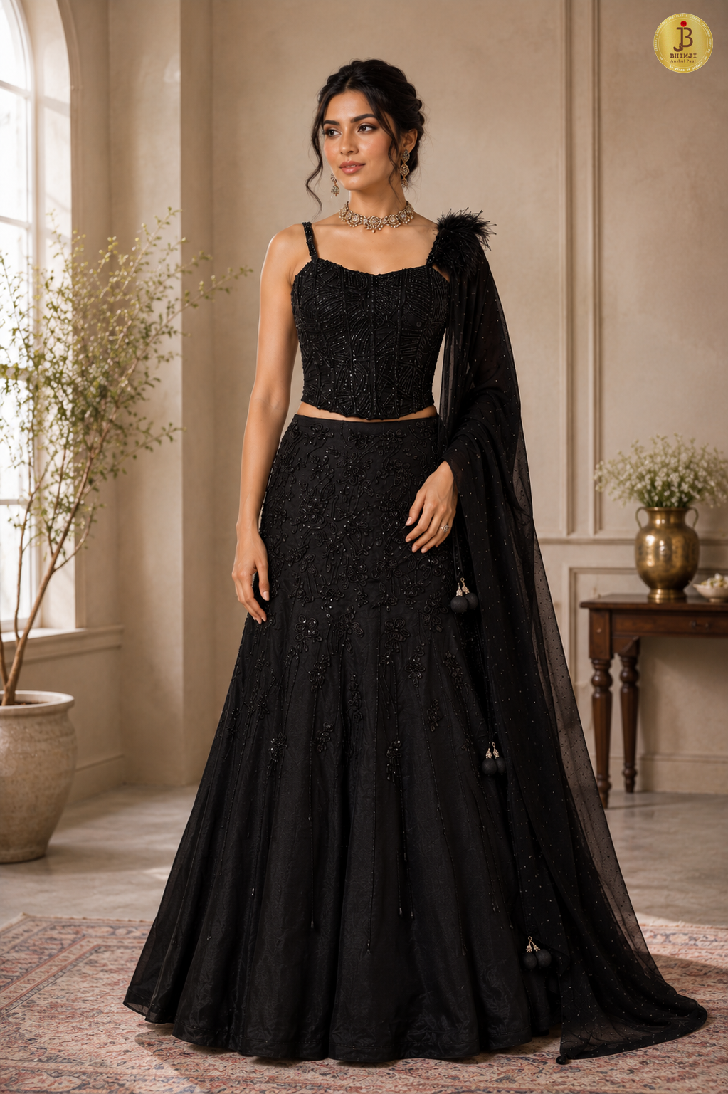 Black Chinon Hand-Embellished Corset Lehenga Choli