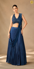 Midnight Blue Halter Neck Lycra Drape Lehenga Set
