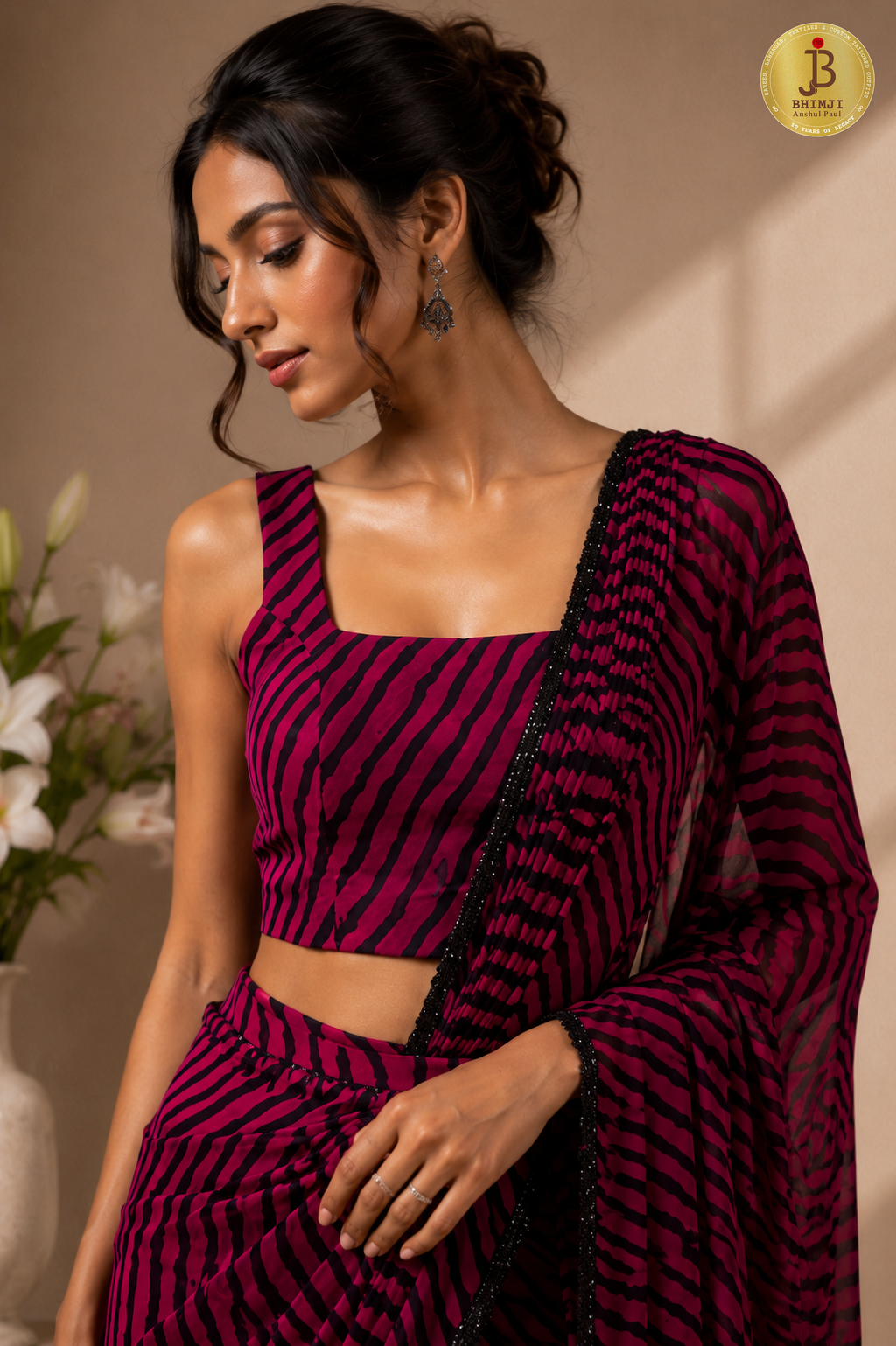 Noir Fuchsia Zebra Print Saree Set