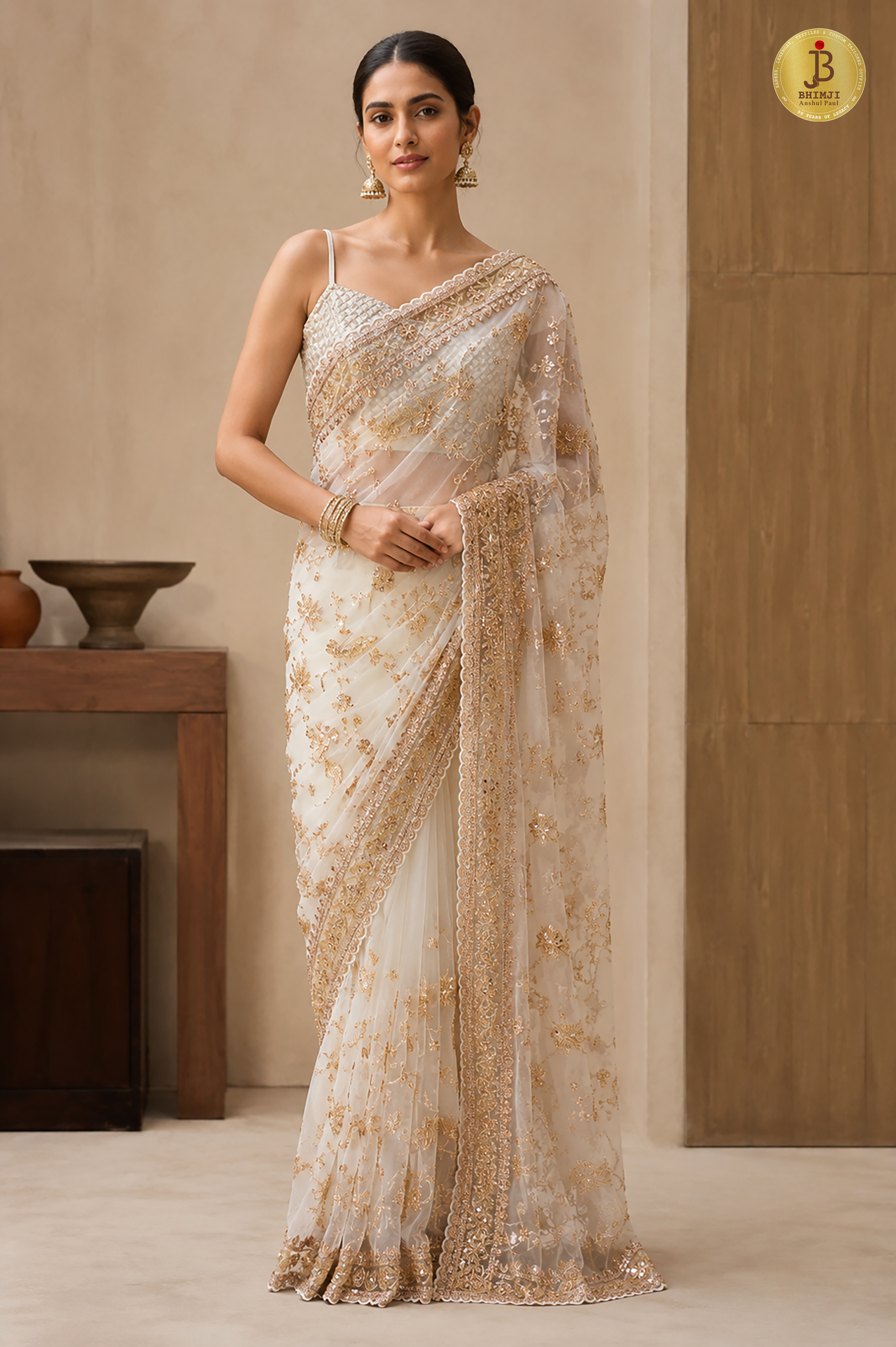 Royal Off-White Hand Embroidered Net Saree