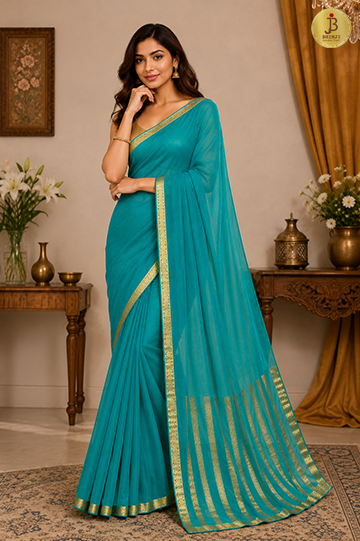Teal Blue Chiffon Saree With Zari Border
