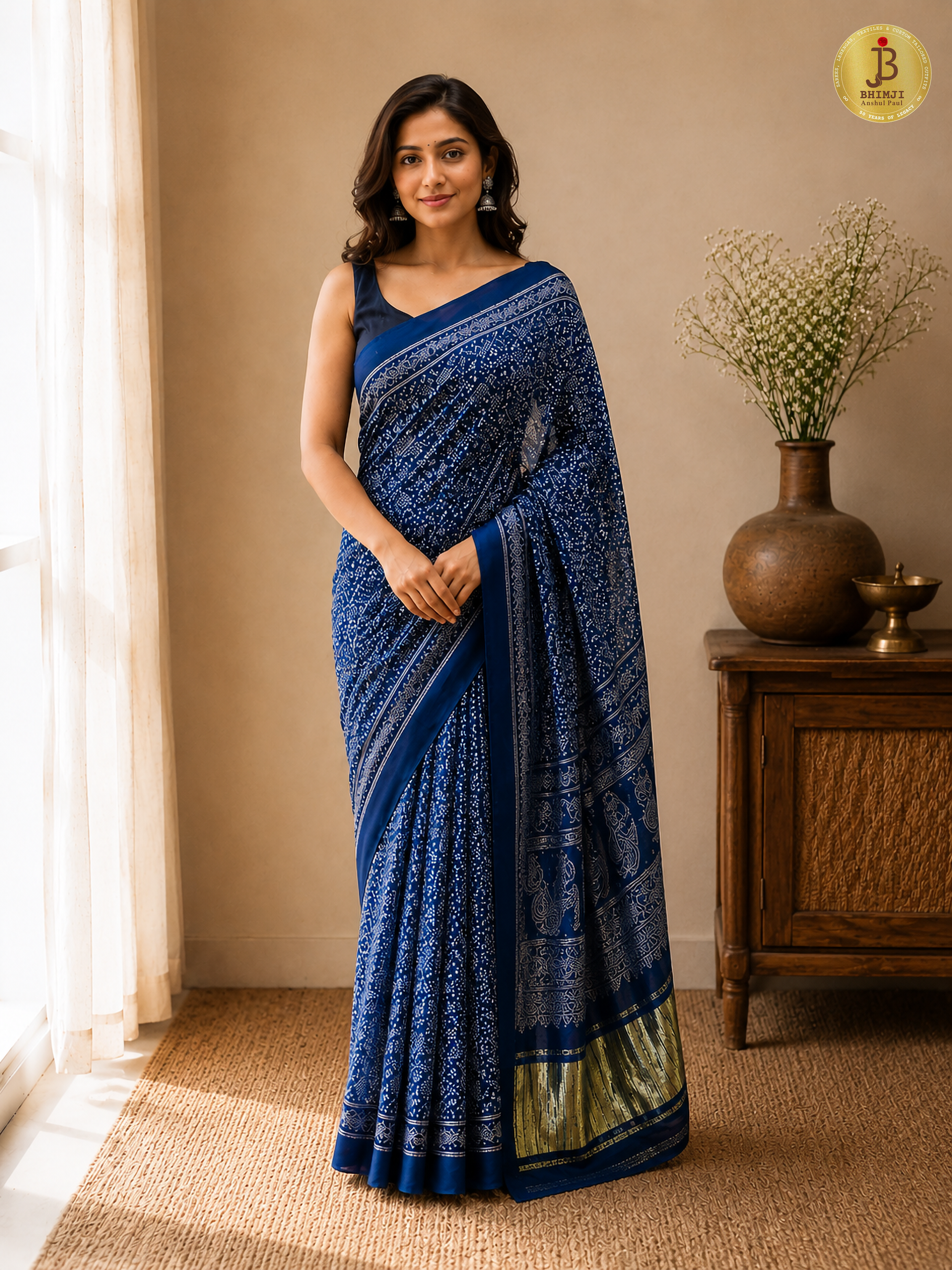 Royal Blue Printed Saree With Golden Border
