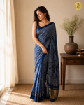 Royal Blue Printed Saree With Golden Border