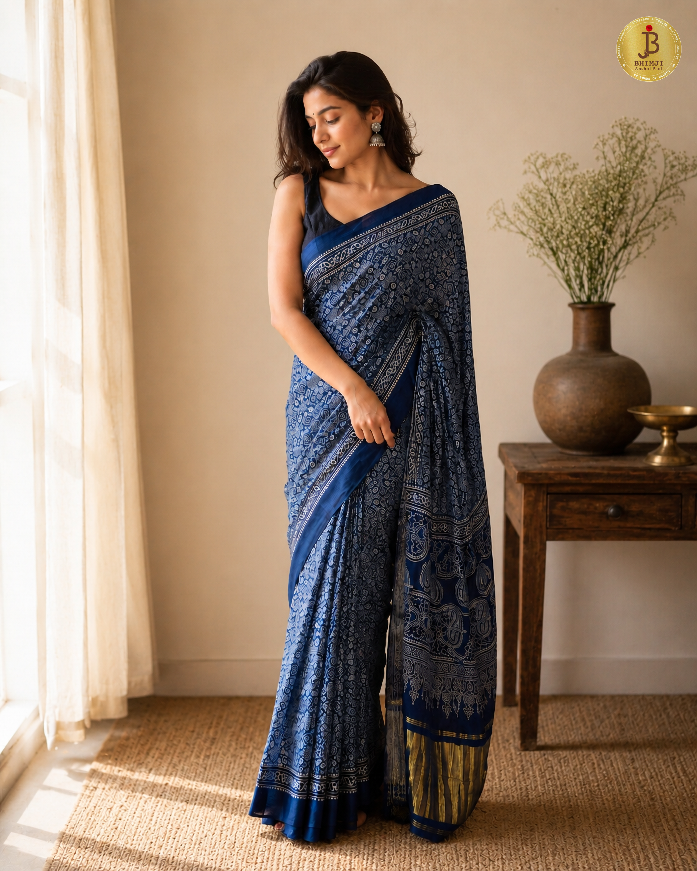 Royal Blue Printed Saree With Golden Border