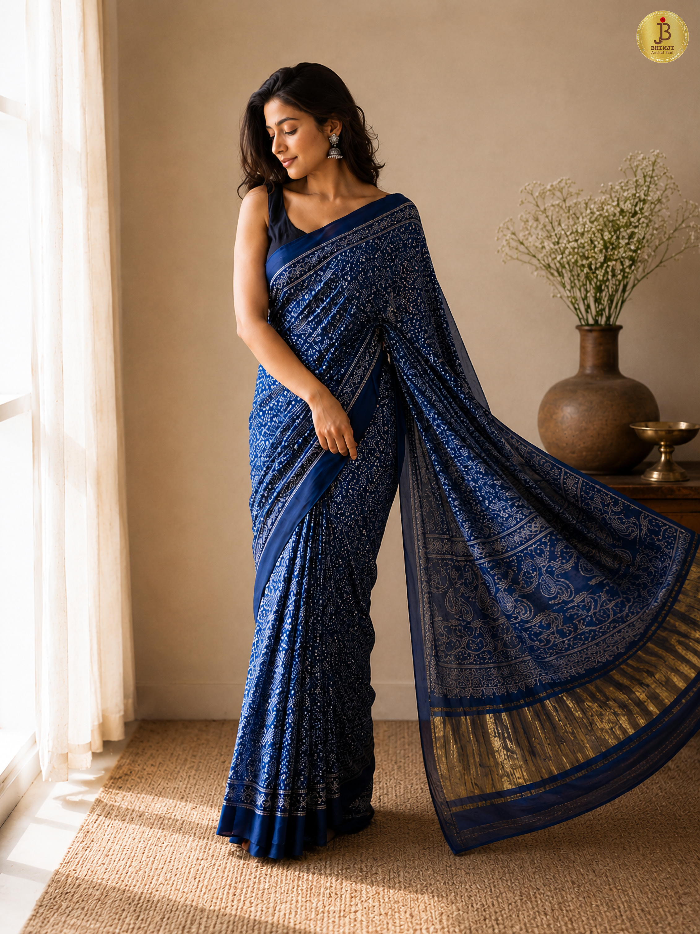 Royal Blue Printed Saree With Golden Border