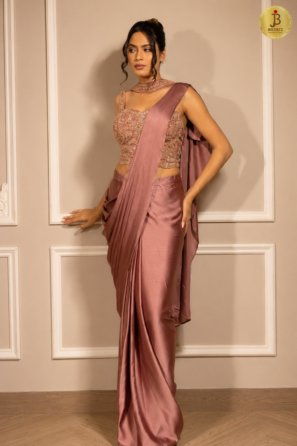 Dusty mauve satin ready-to-wear saree