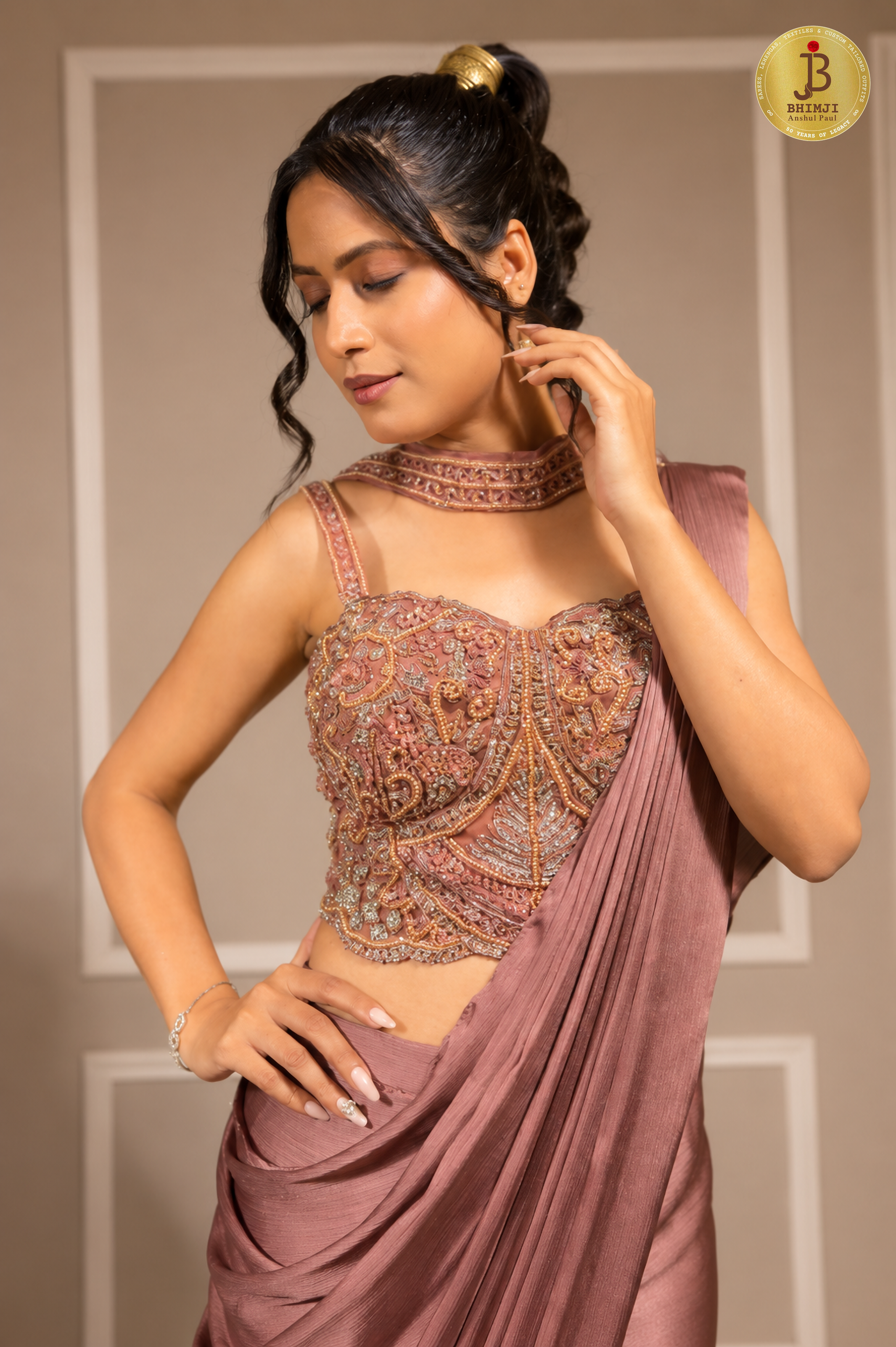 Dusty mauve satin ready-to-wear saree