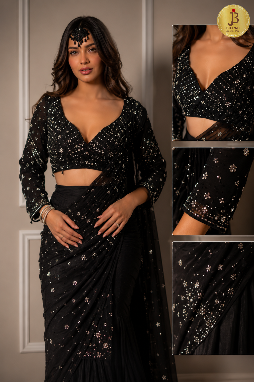Noir Sequin Drape Saree Set