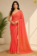 Coral Bliss Plain Chiffon Saree With Zari Border