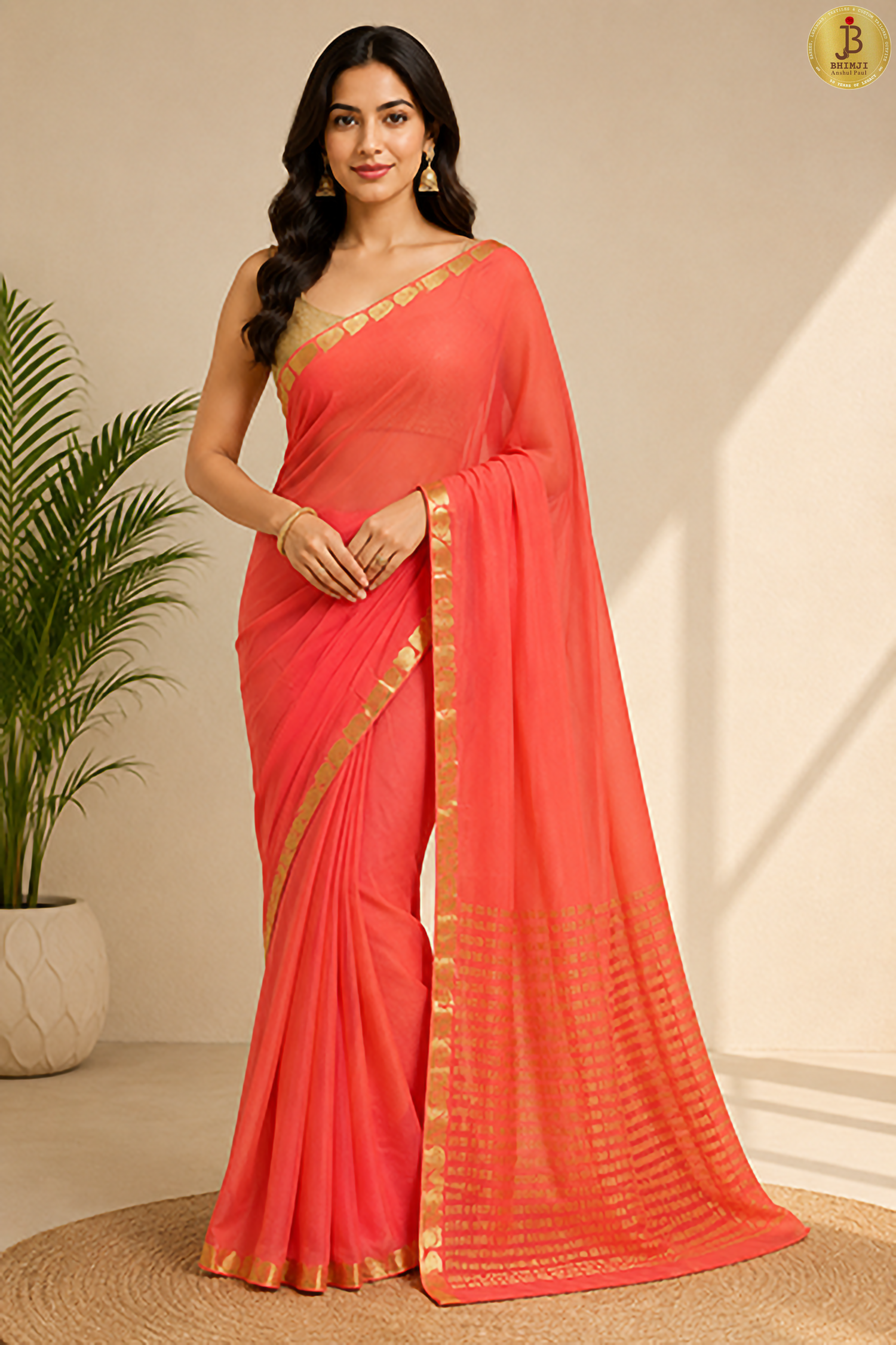 Coral Bliss Plain Chiffon Saree With Zari Border