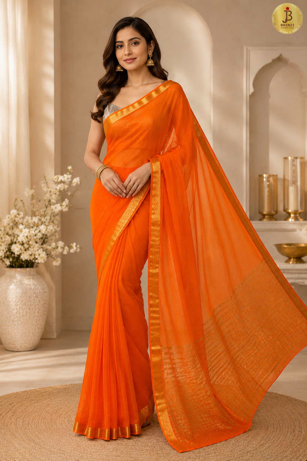 Sunset Orange Plain Chiffon Saree With Gold Zari
