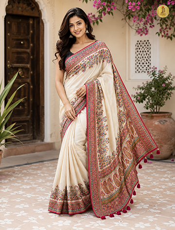 Royal Cream Resham Weaving Dola Silk Saree