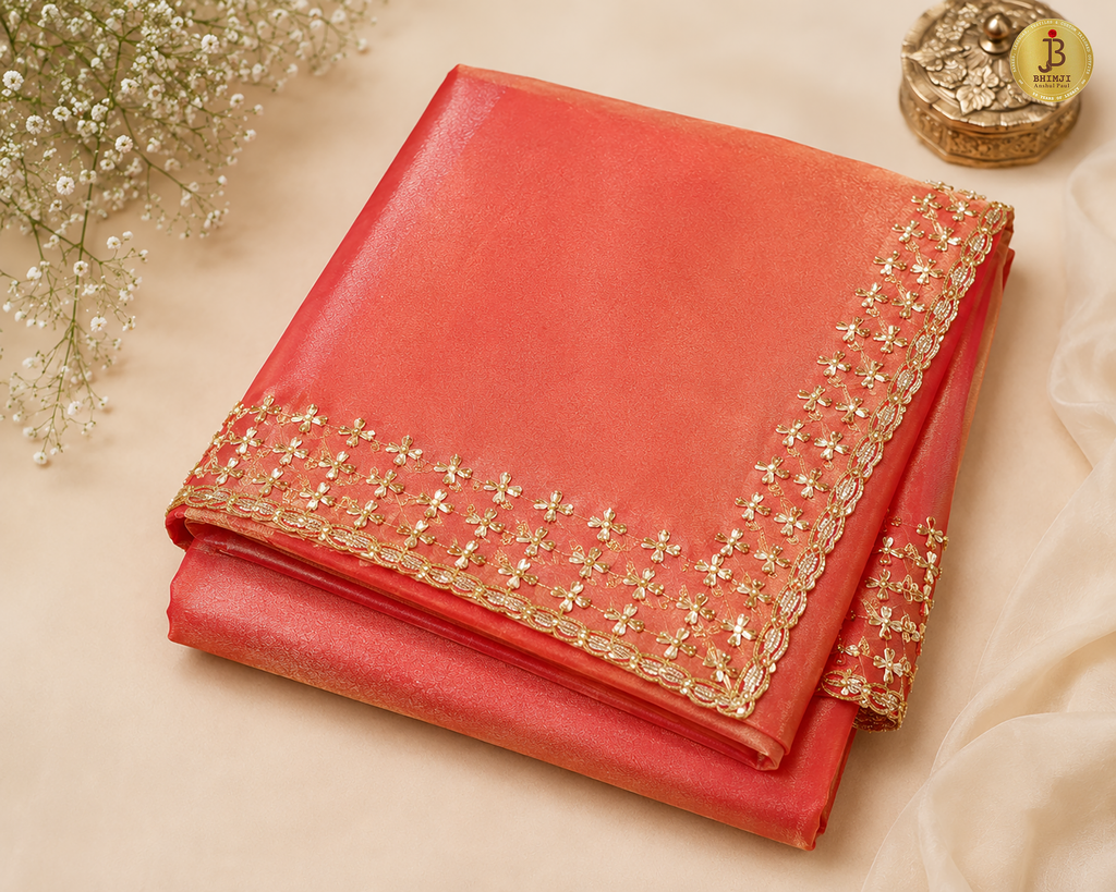 Rosé Noor Hand-Embellished Coral Tissue Saree with Gold Zari Work