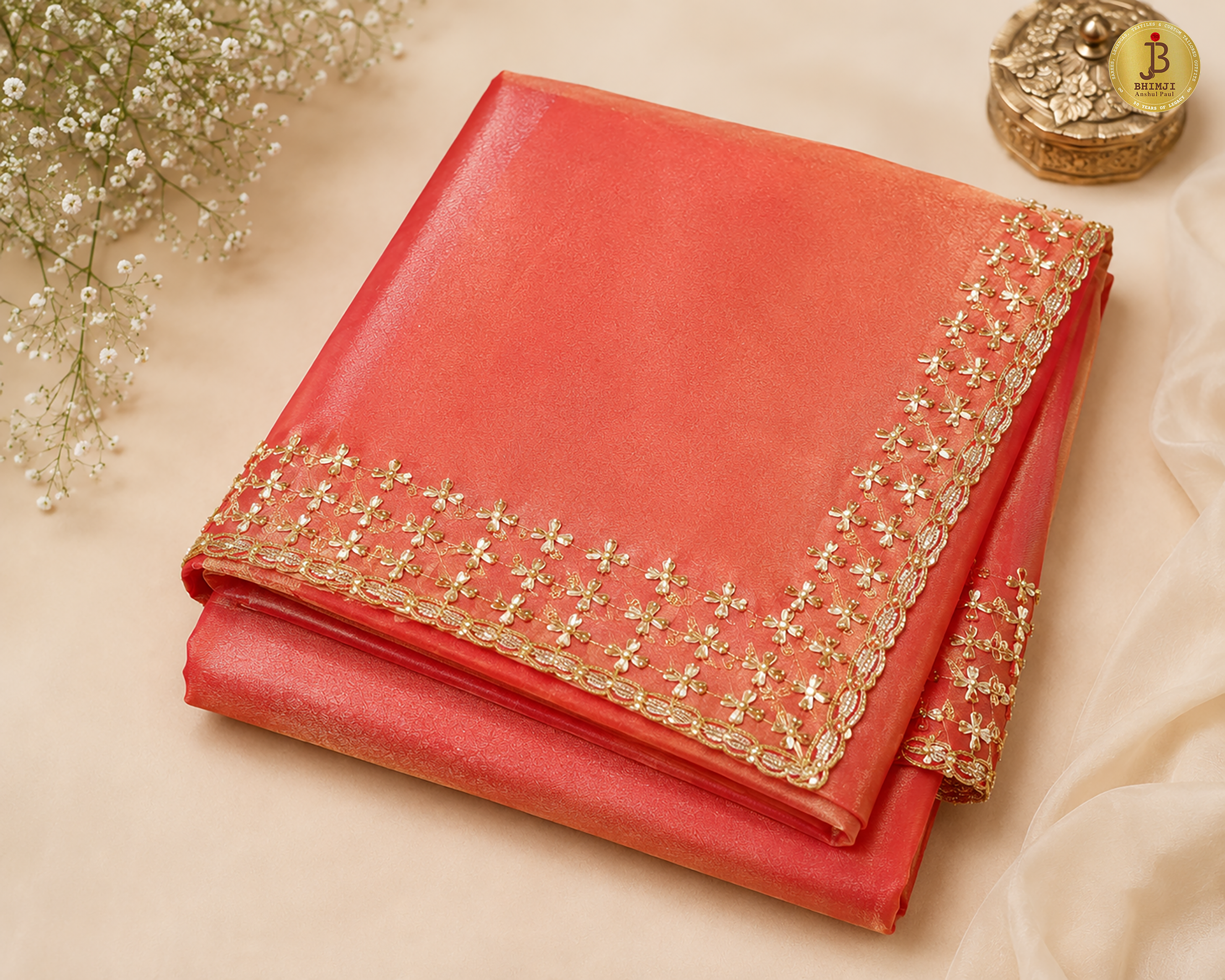 Rosé Noor Hand-Embellished Coral Tissue Saree with Gold Zari Work