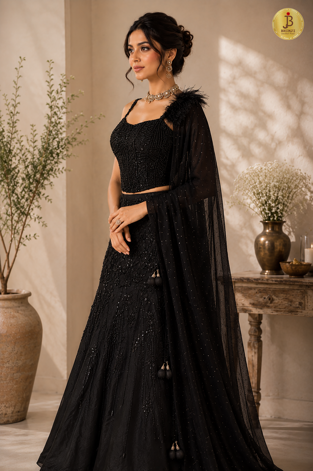 Black Chinon Hand-Embellished Corset Lehenga Choli