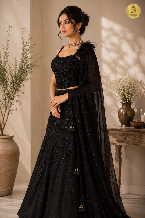 Black Chinon Hand-Embellished Corset Lehenga Choli
