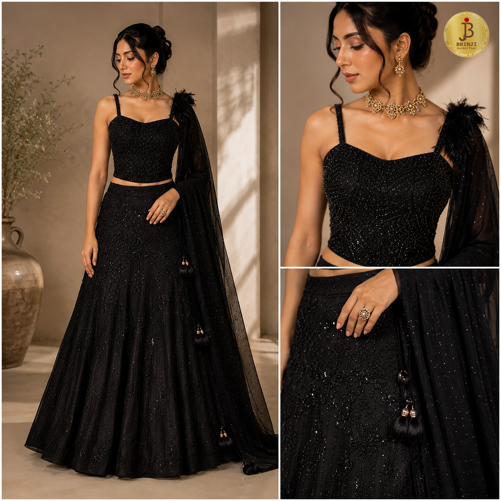 Black Chinon Hand-Embellished Corset Lehenga Choli