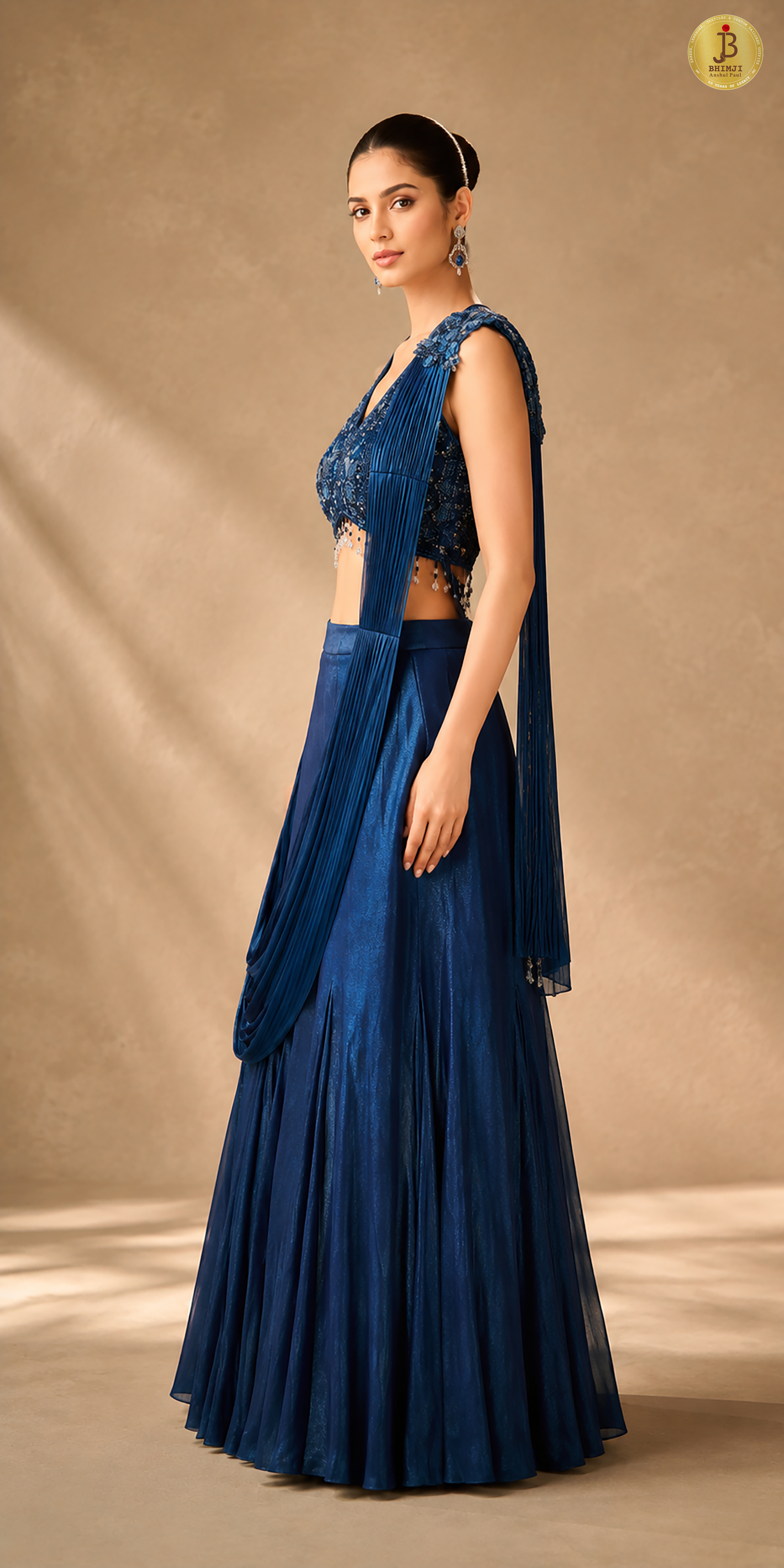 Midnight Blue Halter Neck Lycra Drape Lehenga Set