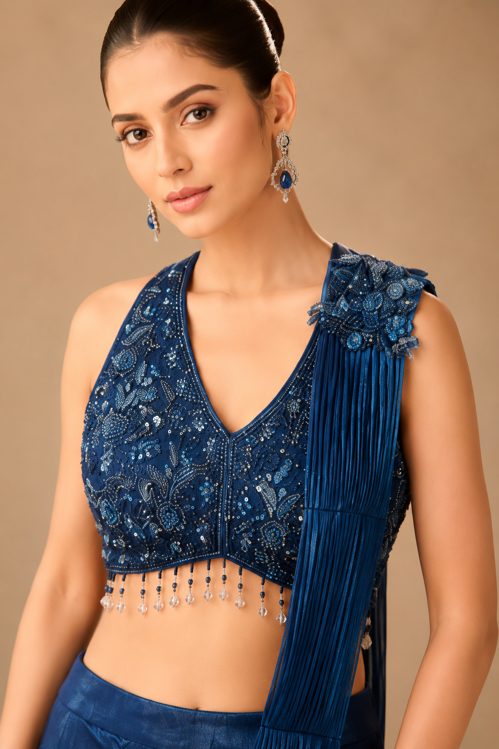 Midnight Blue Halter Neck Lycra Drape Lehenga Set