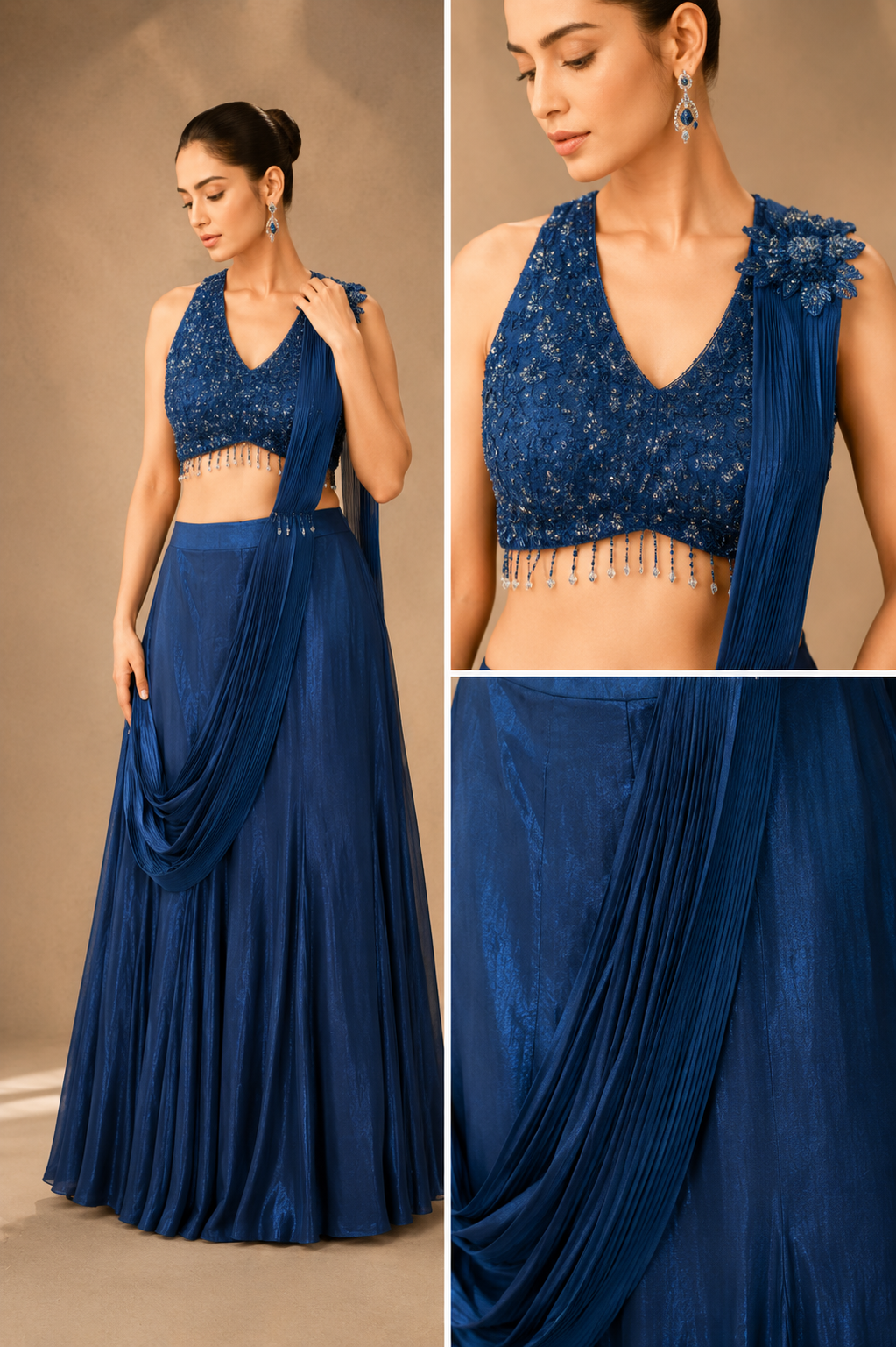 Midnight Blue Halter Neck Lycra Drape Lehenga Set