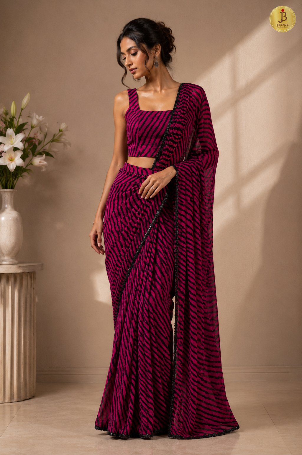 Noir Fuchsia Zebra Print Saree Set