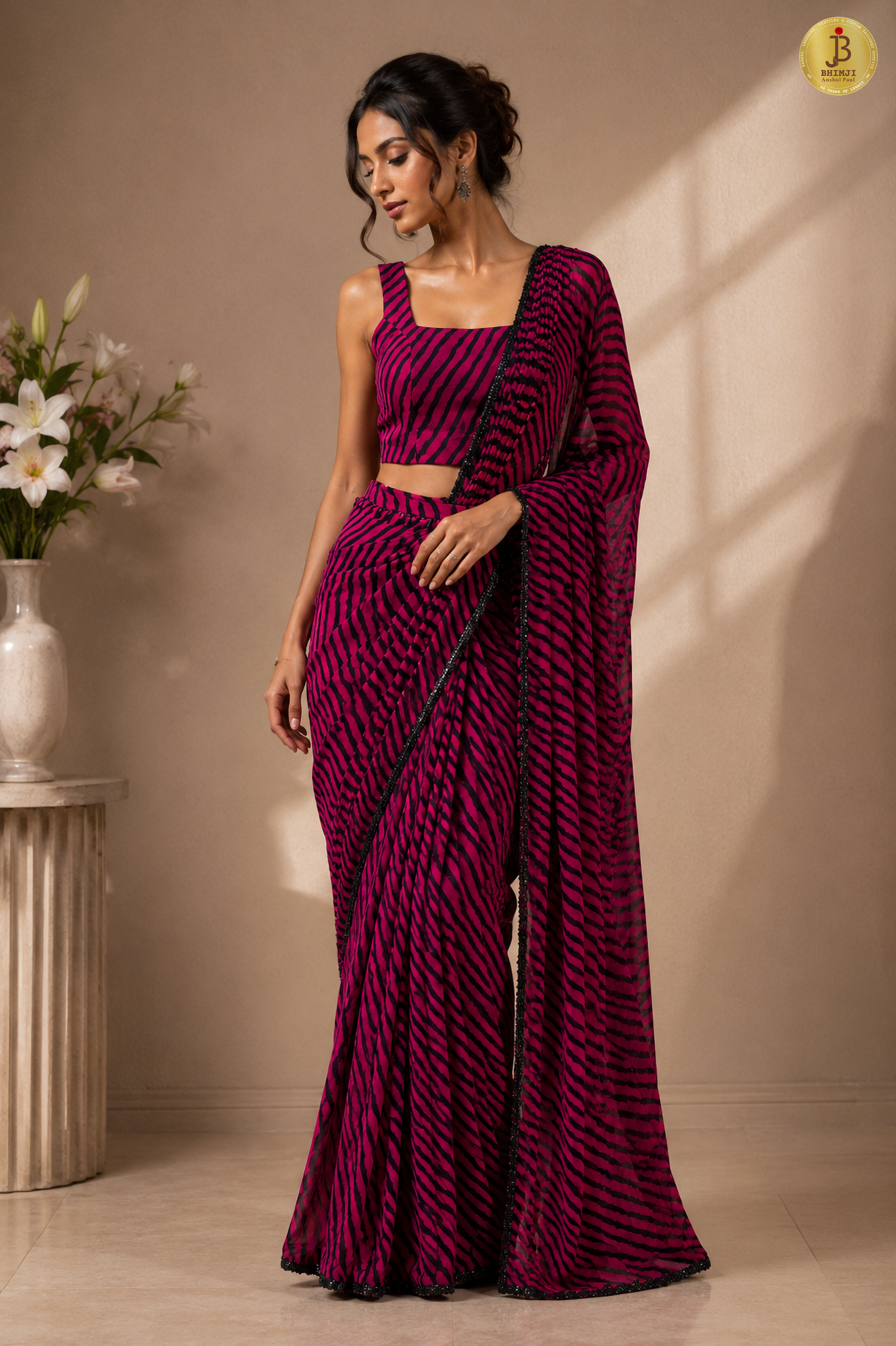 Noir Fuchsia Zebra Print Saree Set