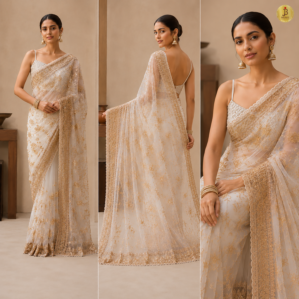 Royal Off-White Hand Embroidered Net Saree