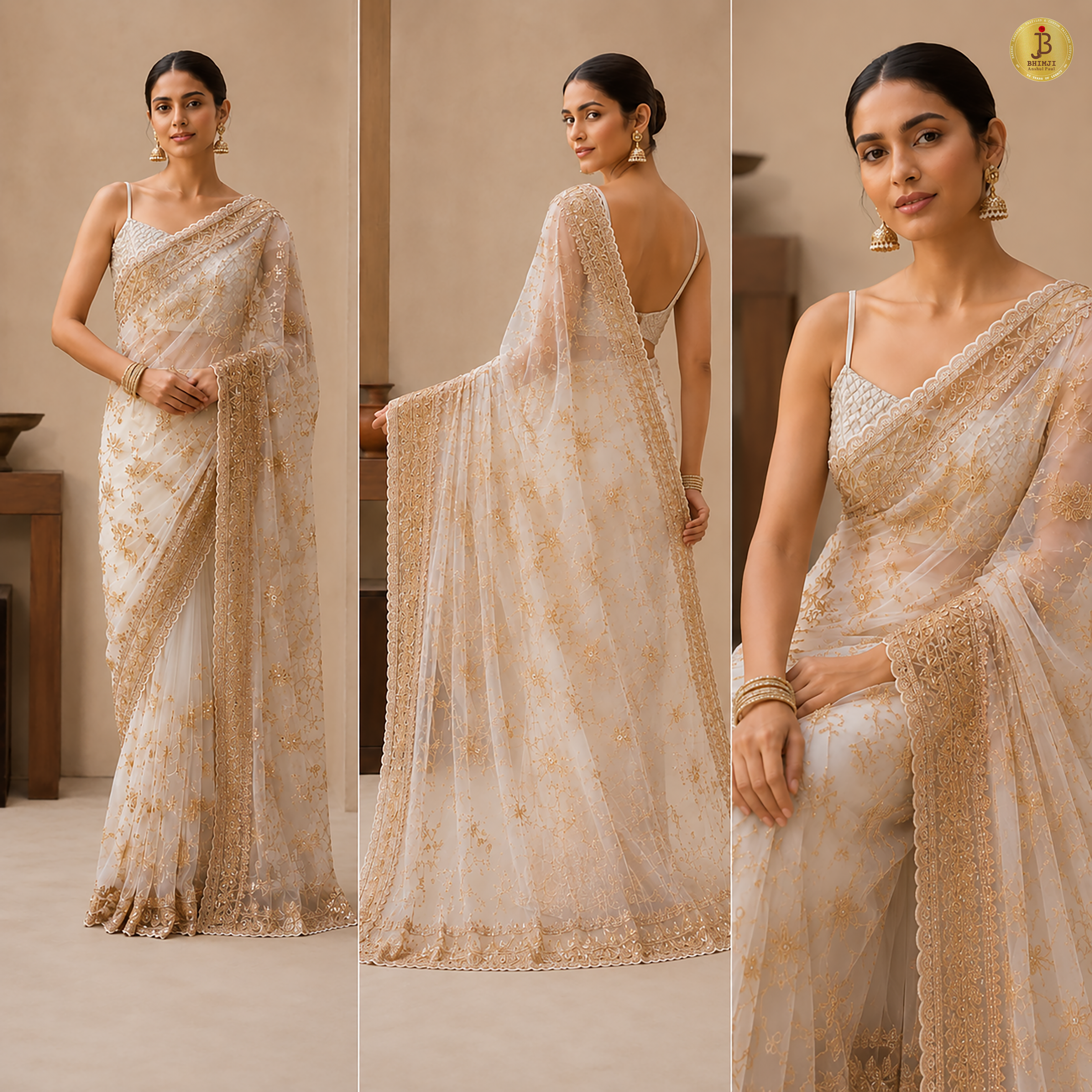 Royal Off-White Hand Embroidered Net Saree