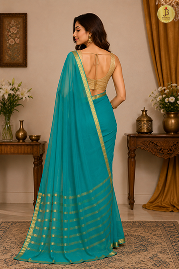 Teal Blue Chiffon Saree With Zari Border