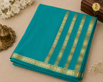 Teal Blue Chiffon Saree With Zari Border