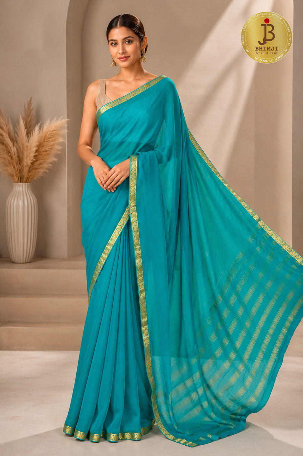 Teal Blue Chiffon Saree With Zari Border