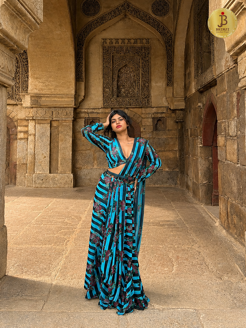 Striped Floral Pre Draped Saree