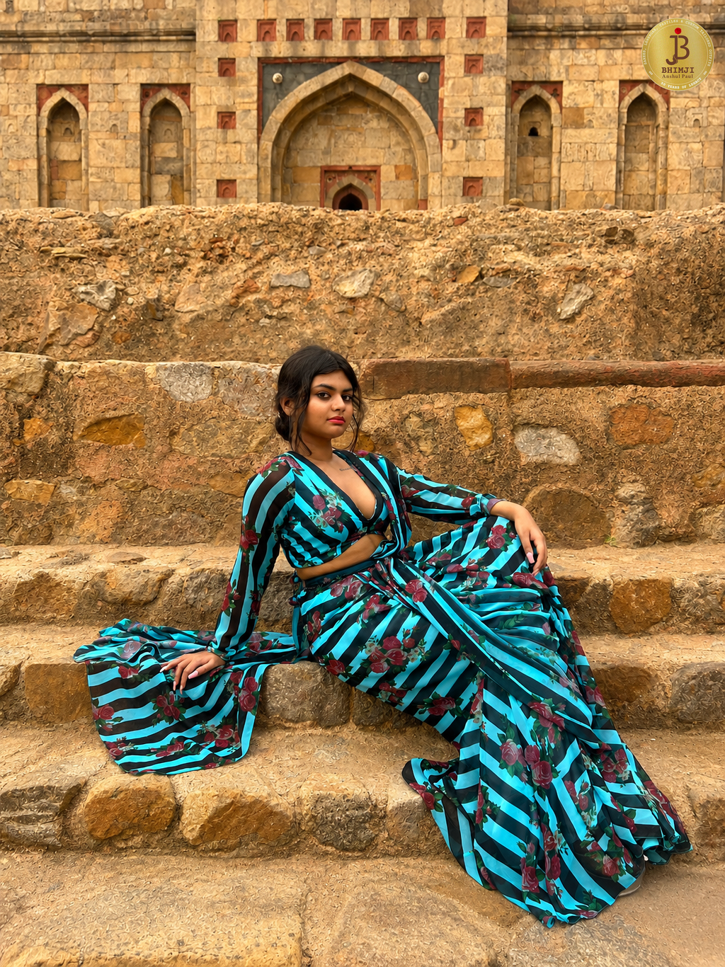 Striped Floral Pre Draped Saree