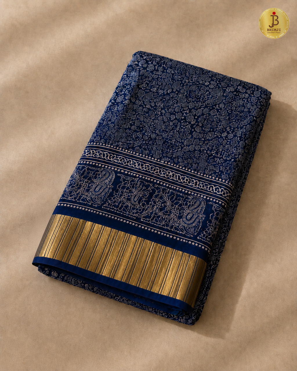 Royal Blue Printed Saree With Golden Border