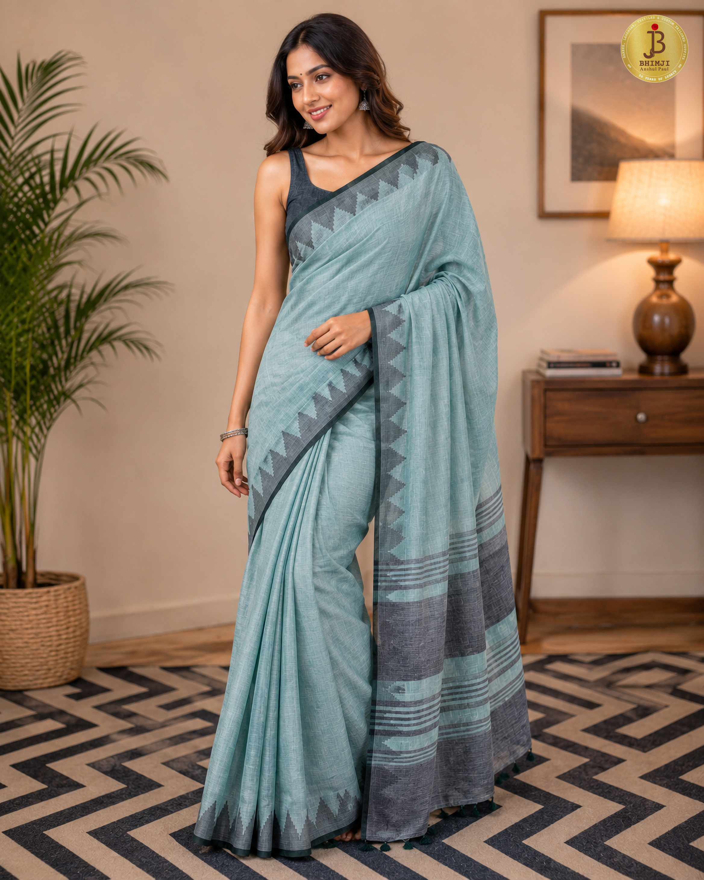 Serene Sea Green Linen Temple Border Saree