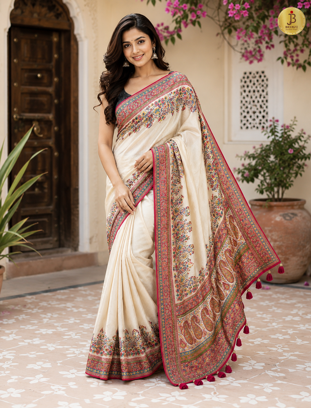 Royal Cream Resham Weaving Dola Silk Saree