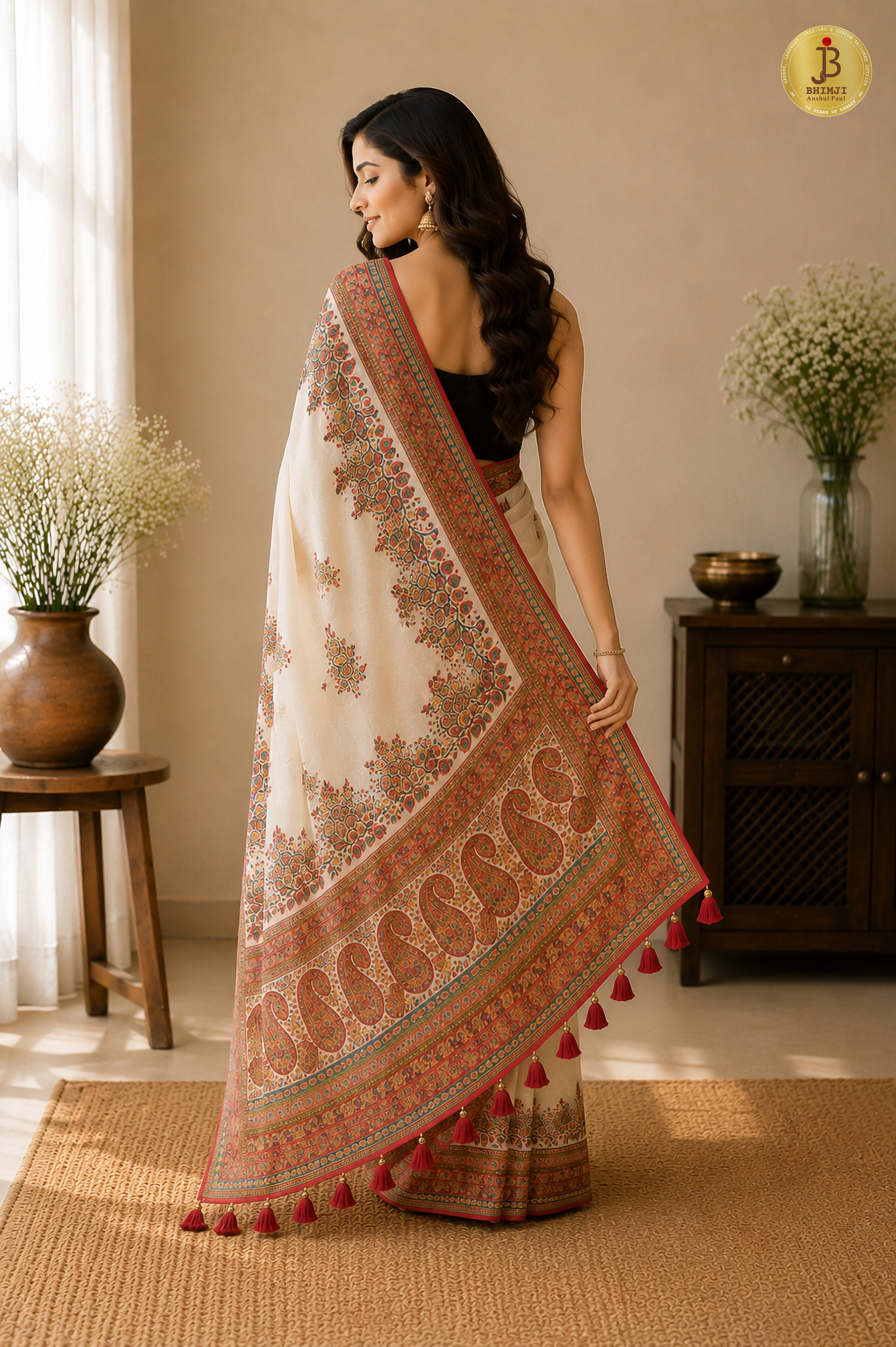 Royal Cream Resham Weaving Dola Silk Saree