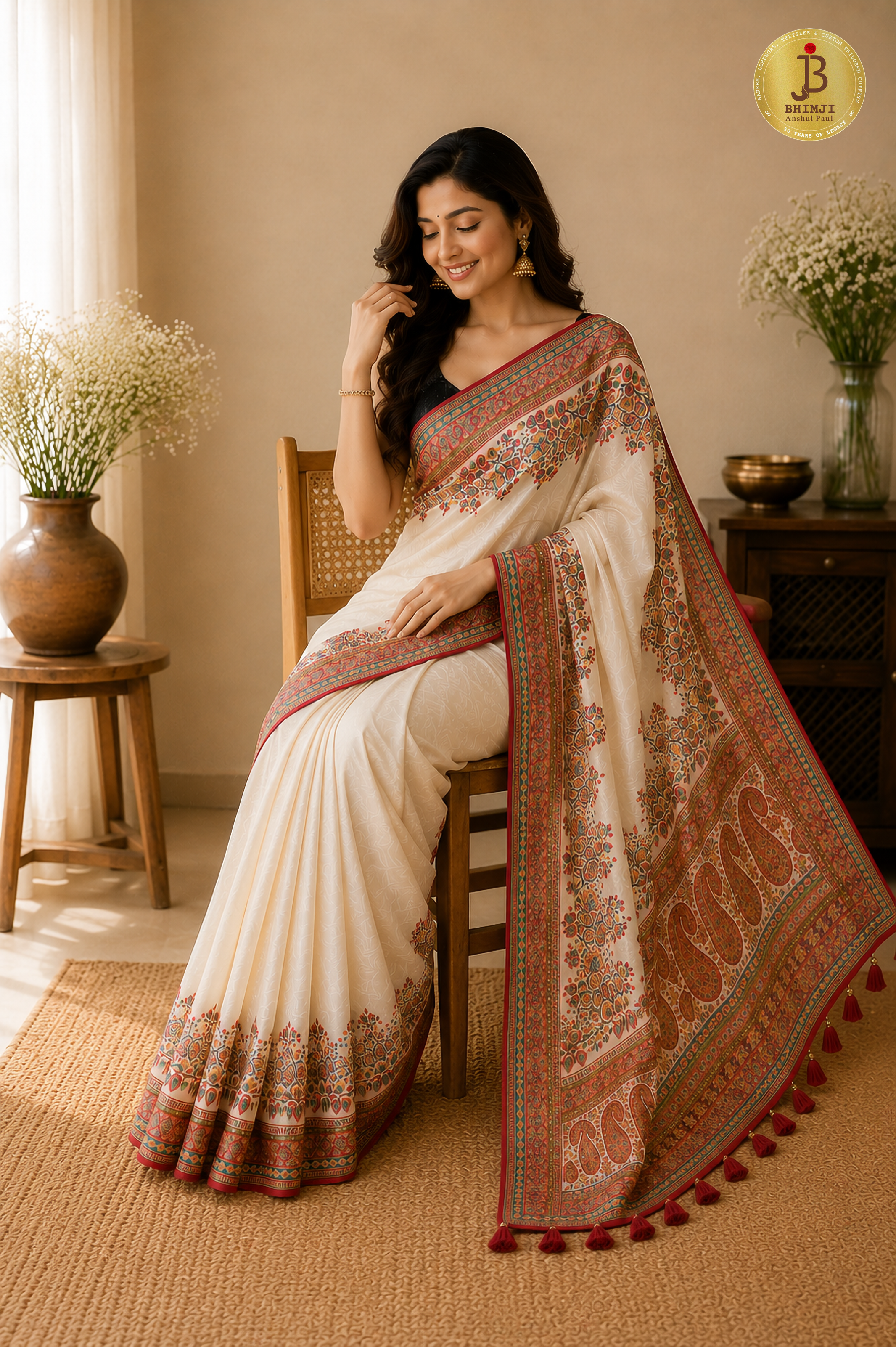 Royal Cream Resham Weaving Dola Silk Saree