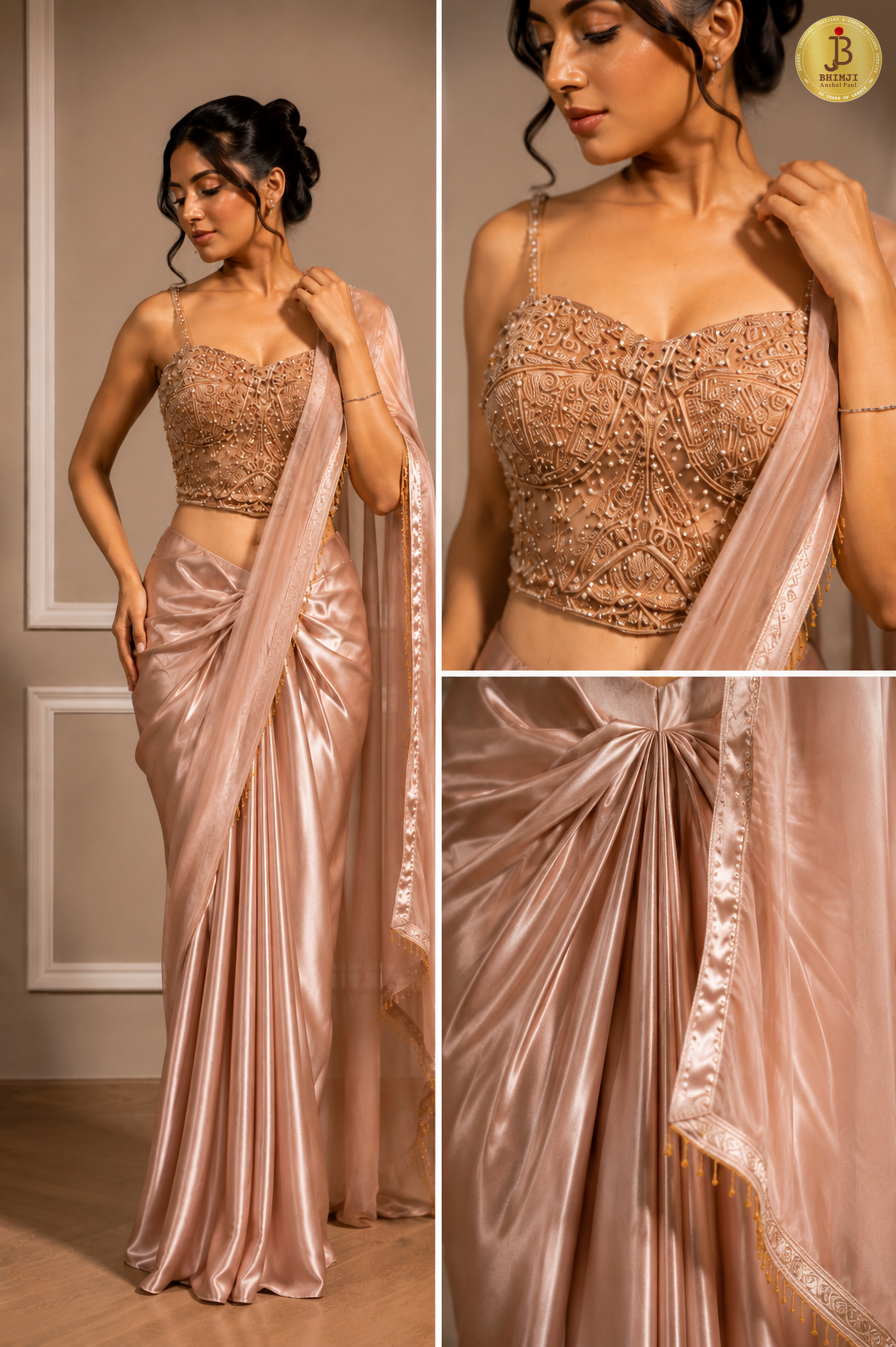 Blush Satin Pre-Draped Saree Set
