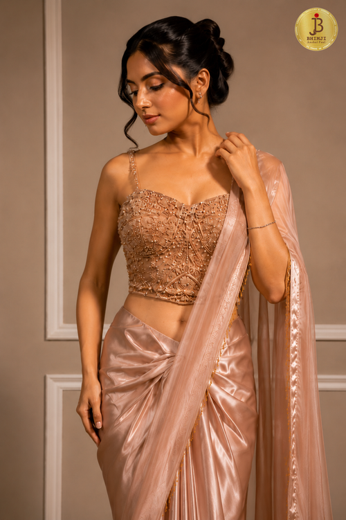 Blush Satin Pre-Draped Saree Set