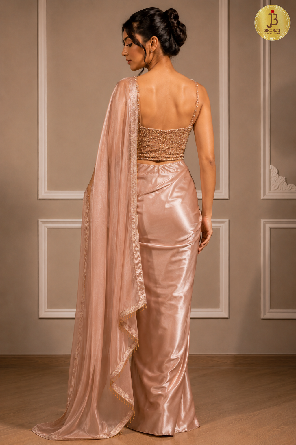 Blush Satin Pre-Draped Saree Set