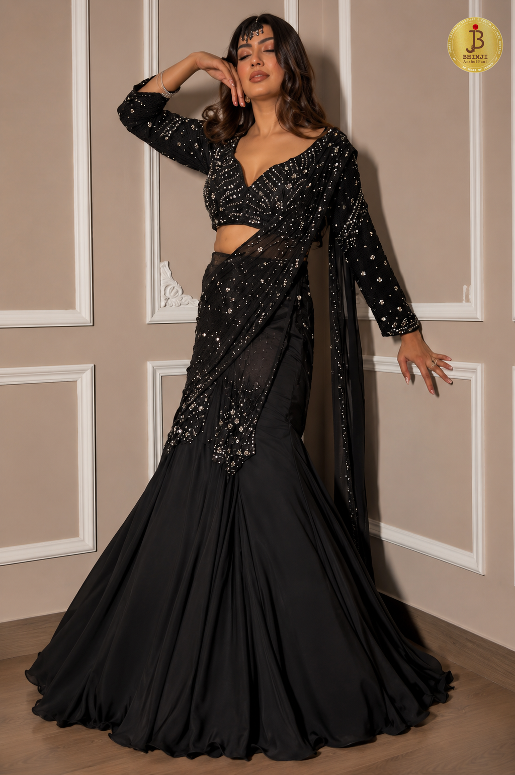 Noir Sequin Drape Saree Set