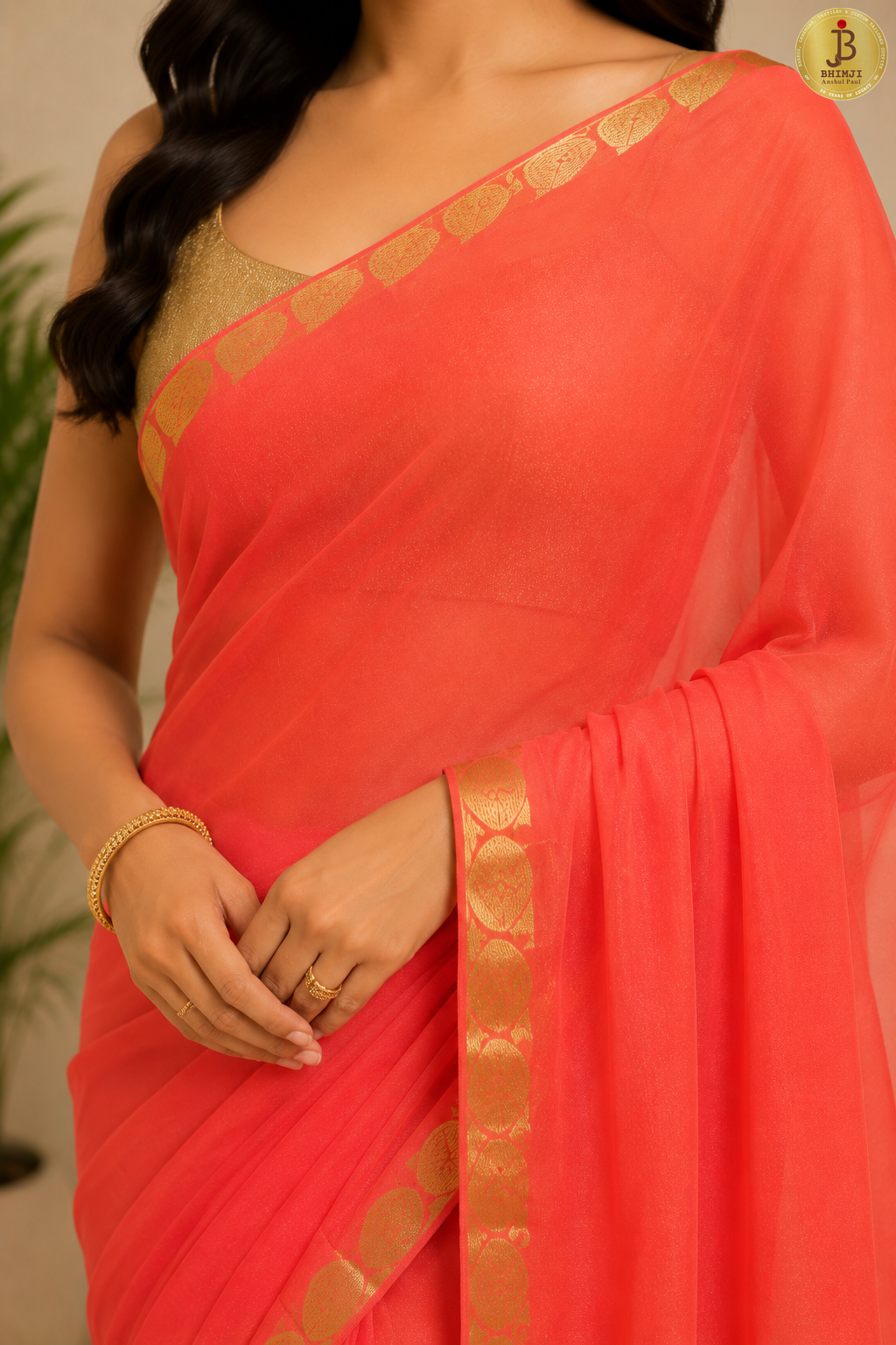 Coral Bliss Plain Chiffon Saree With Zari Border