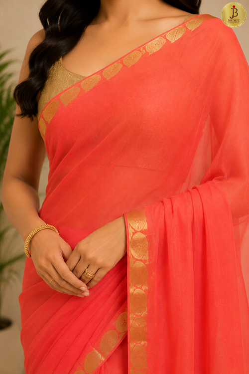 Coral Bliss Plain Chiffon Saree With Zari Border