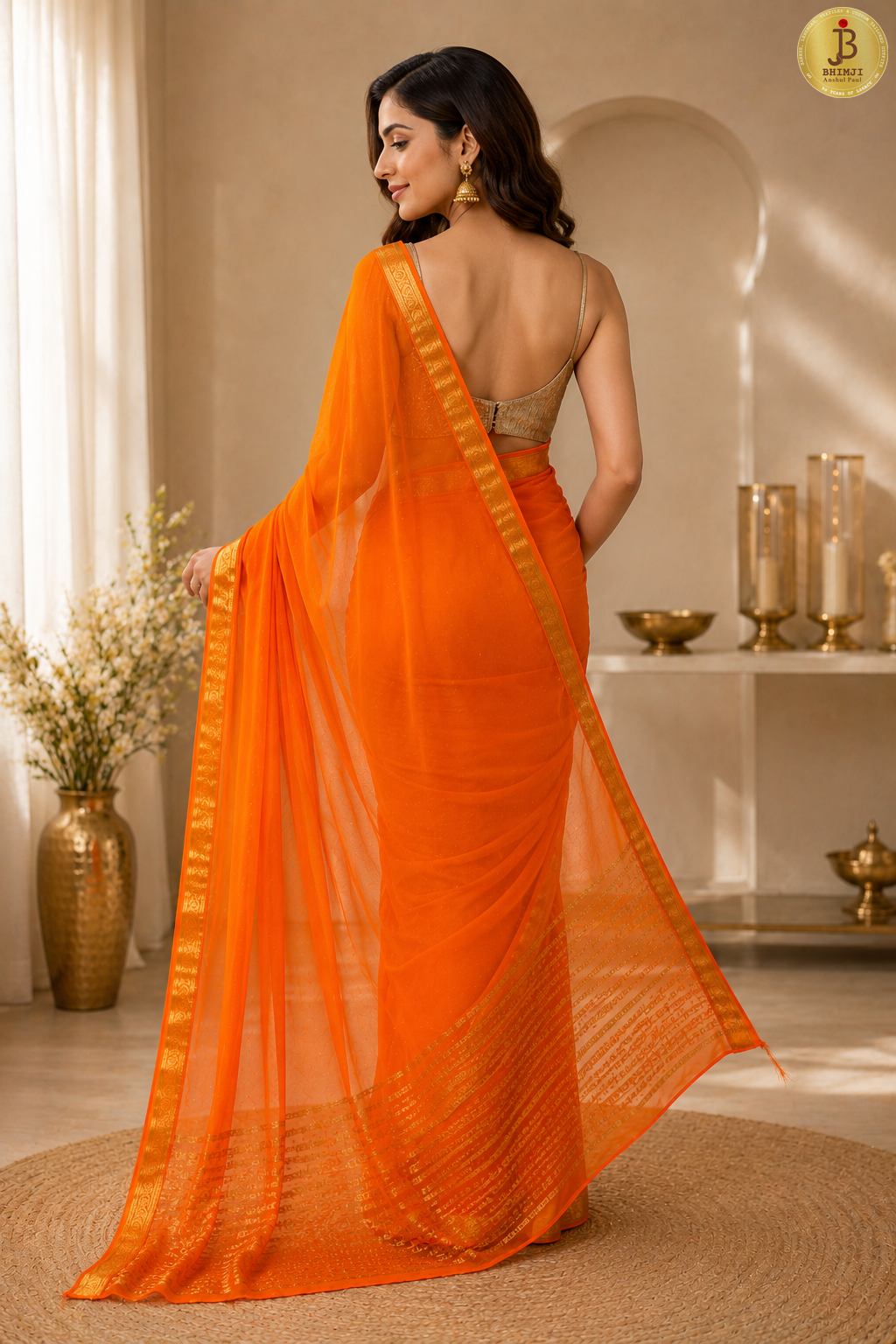Sunset Orange Plain Chiffon Saree With Gold Zari