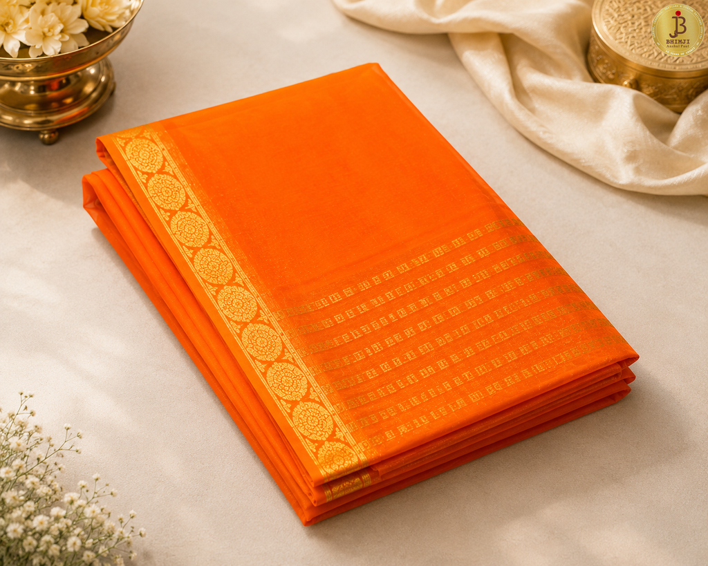 Sunset Orange Plain Chiffon Saree With Gold Zari